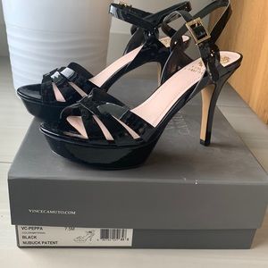 Vince Camuto, black patent leather strappy high-heeled sandals, size 7.5 M.